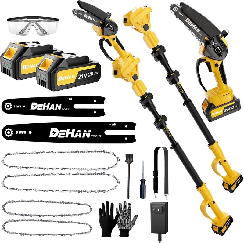 DEHANTOOLS 4-in-1 Electric Pole Saw for Tree Trimming, 6 Inch and 8 Inch Cordless Chainsaw with 2×4.0 Ah Batteries, Mini Chainsaw Cordless with Extension Pole, Battery Powered Pole Chain Saw for Branch Cutter - Image 1